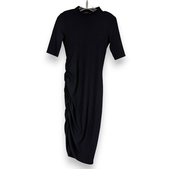 Zara Black Midi Dress Short Sleeve Side Ruched Ribbed Mock Neck Small - Picture 3 of 9